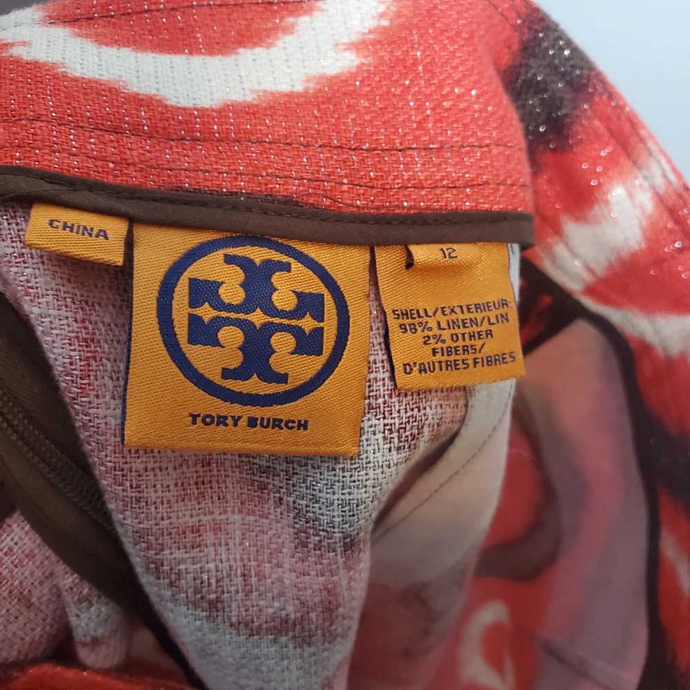 Tory Burch Metallic Ikat Linen Jemima‎ Tulip Skirt Size 12 island red